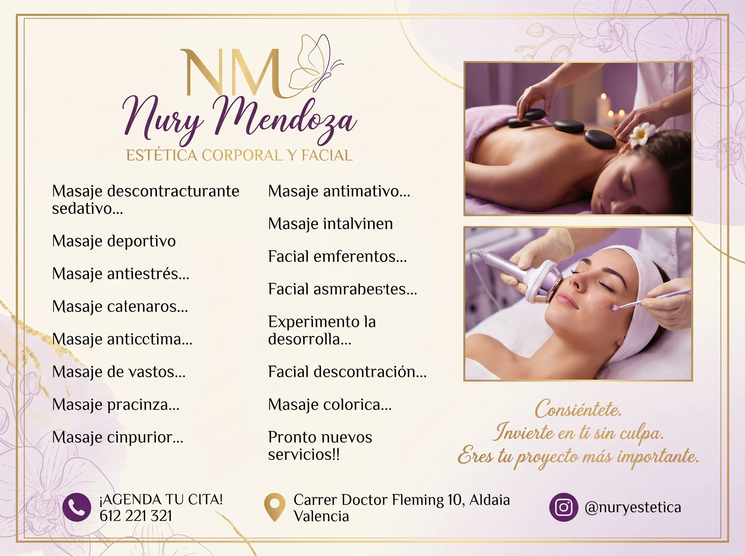 Detalle de tratamientos y tarifas de estética facial de Nury Mendoza