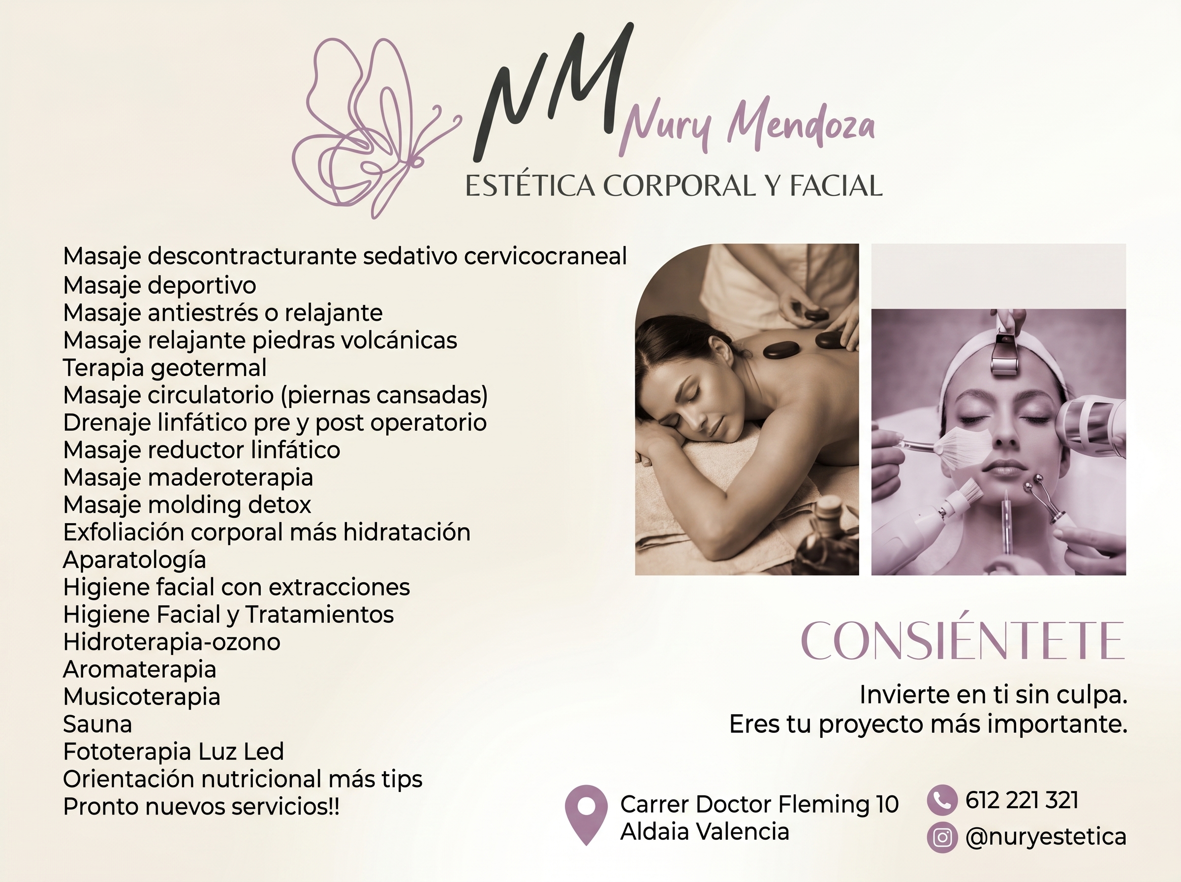 Detalle de tratamientos y tarifas de estética corporal de Nury Mendoza